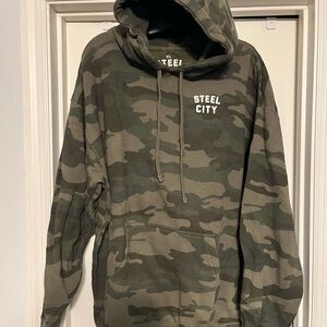 Camouflage Pullover Hoodie with Hood and Text Design